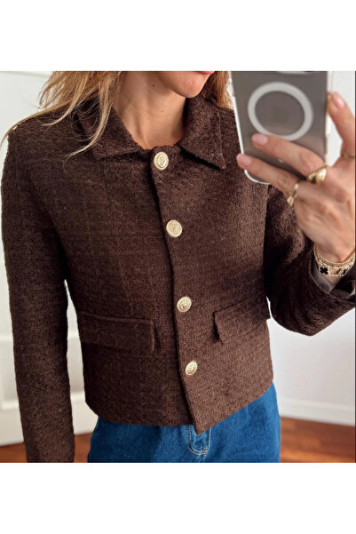 Maldia Shop Women's Gold Buttoned Blazer Brown Tweed Jacket