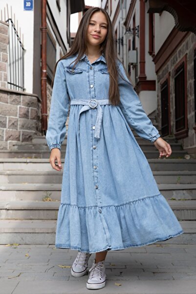 Cansın Mini Rochie de jeans acoperită cu nasturi pentru fete albastre 20495