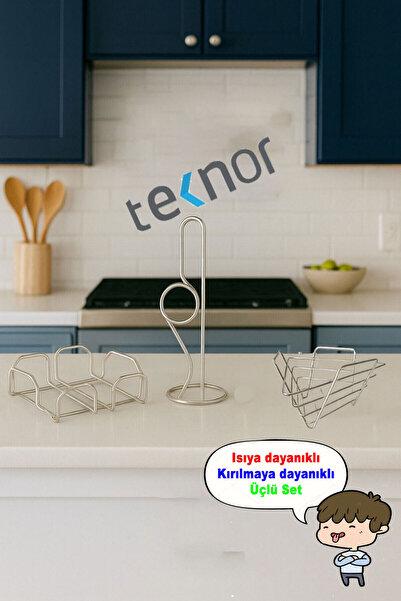 Teknor 3'lü Servis Sunum Seti, Kağıt Havluluk, Kare Peçetelik, Üçgen Meyve Se...