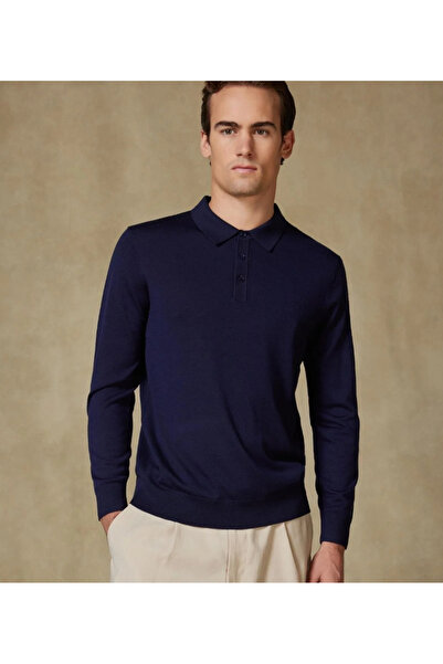 Abbate Nord Knitted 100% Wool Modern Fit Navy Blue Polo Neck Men's Plain Knitwear