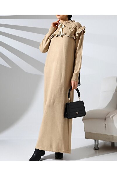 Modamorfo Front ruffled collar lace-up knit dress - light mink