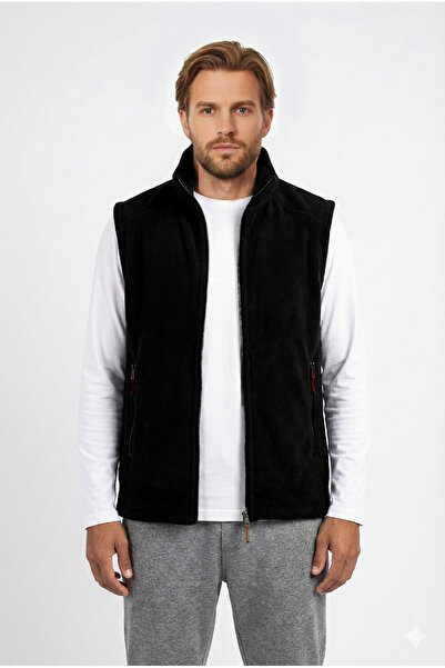 Cottonland Erkek GILET Rahat Kesim Kalın Polar Fleece Spor Yelek SİYAH