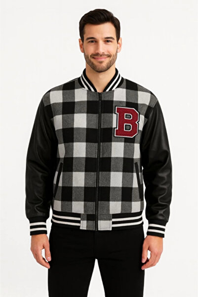 mzpkartan Jachetă interioară Lumberjack College cu mâneci din piele artificială - gri