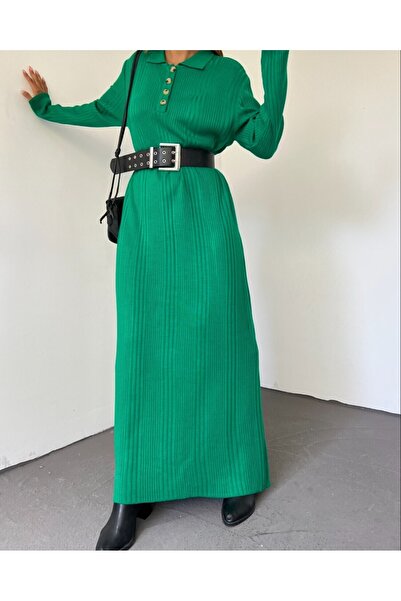 Modamorfo Polo Neck Buttoned Knitwear Dress -Green
