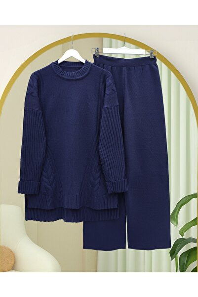 Modamorfo Knitted Patterned Long Back Knitwear Set - Navy