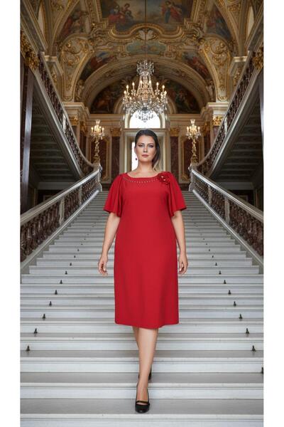 Nidya Moda Büyük Beden Taşlı Çiçek Aksesuar Kırmızı Abiye Elbise-4026k