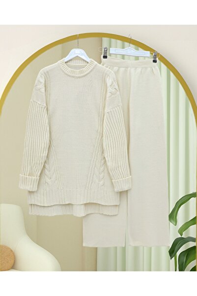 Modamorfo Knitted Patterned Long Back Knitwear Set - Ecru