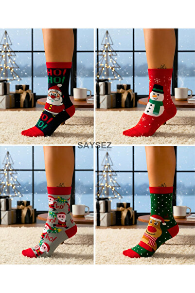 SAYSEZ Unisex Christmas Patterned 4-Pack Colorful Socks Christmas Happy New Year