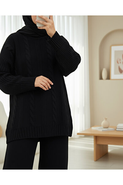 Modamorfo Hair Braid Pattern Sleeve Button Detailed Knitwear Set -Black