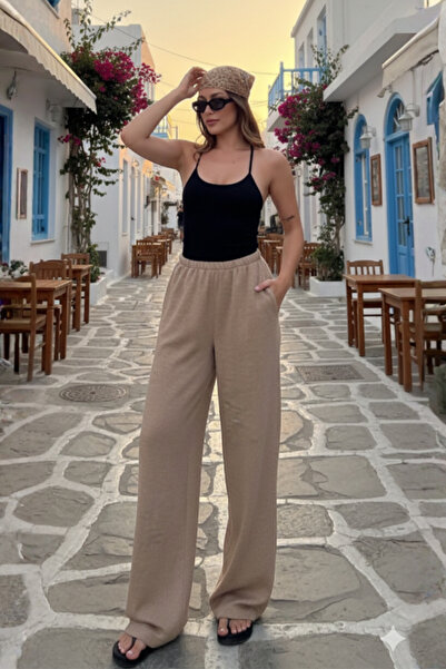 Moda Hour Γυναικείο λινό παντελόνι με φαρδύ πόδι με λάστιχο