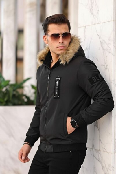 comstar Men's Fur Basic Winter Loose Black Hooded Coat