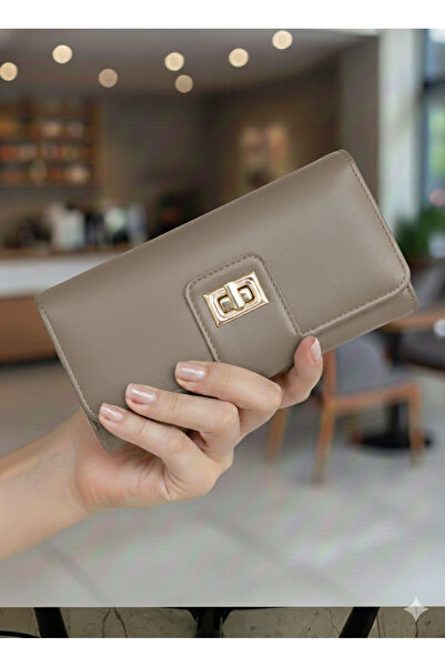 PurpleART Women's Beige Lock Closure Large Size Horizontal Wallet 10X16Cm
