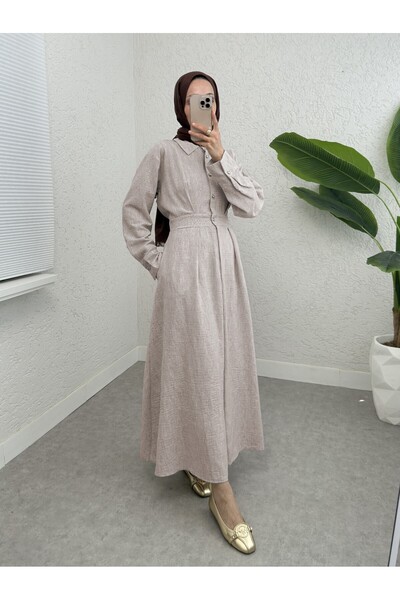 Modamorfo Half Buttoned Linen Dress with Elastic Waist - Stone