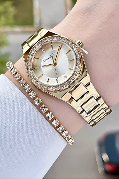 Ferrucci Gold Renk Hediye Paketli Kadın Kol Saati ve Bileklik
