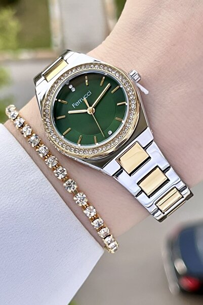 Ferrucci Kadranı Yeşil Gold Gümüş Renk Hediye Paketli Kadın Kol Saati ve Bile...