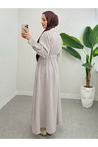 Modamorfo Half Buttoned Linen Dress with Elastic Waist - Stone