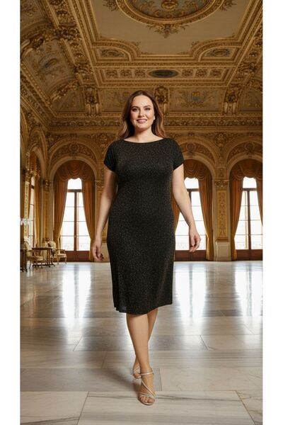 Nidya Moda Büyük Beden Kadın Siyah Simli Örme Vako Abiye Elbise-4035as