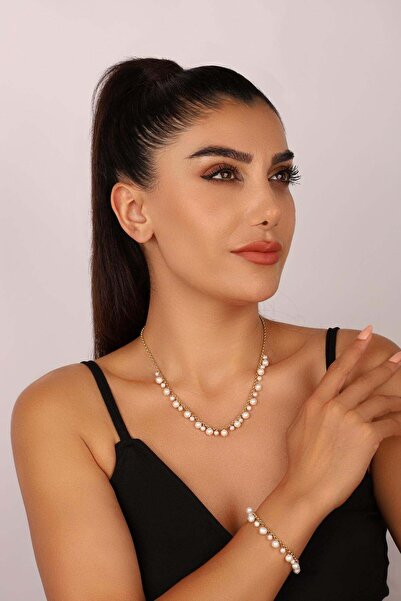 Birinci1926 14 Ayar Altın 5 Mm Doğal Inci Sallantılı Kolye Bileklik Ikili Set