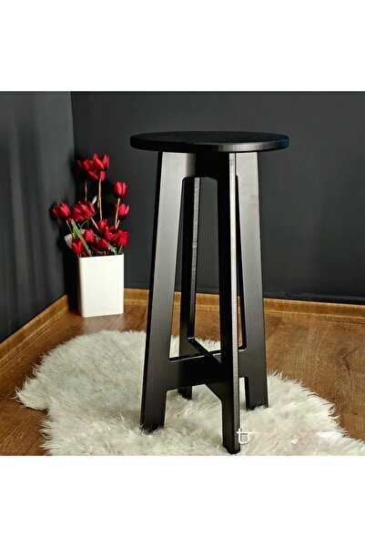 Tekir Mutfak Bar Taburesi Sandalyesi Ahşap MDF Yuvarlak Siyah Lake İç Dış Mek...