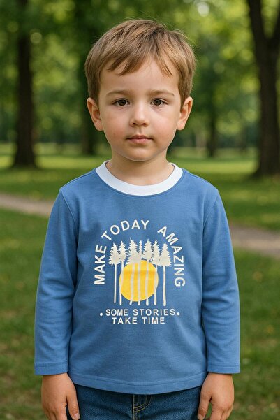 LUESS Erkek Çocuk %100 Pamuk Baskılı Uzun Kollu Tişört - Açık Mavi (3-4 Yaş 8...