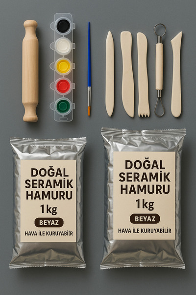 DSH Doğal Seramik Hamuru 2li Seramik Başlangıç Seti 7- 5li Ahşap Ebeşuar, 2adet 1000 Gr Kil Hamuru, 6'lı Boya, Fırça, Merdane