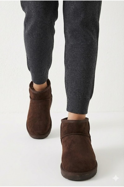 FootFrenzy Kadın Süet Içi Kürklü Alçak Taban Bilekte Kısa Kadın Bot&bootie Acı Kahve