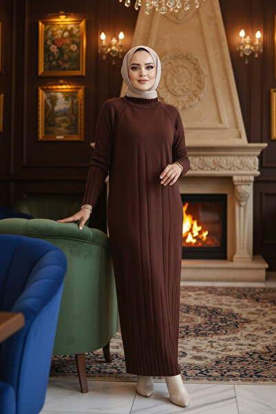 Neva Style Καφέ Πλεκτό Φόρεμα Hijab 31230KH