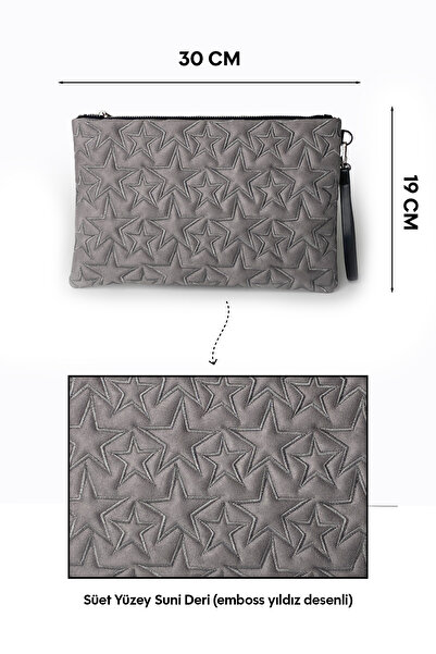 Ecrou Star Patterned Gray Suede Portfolio Bag