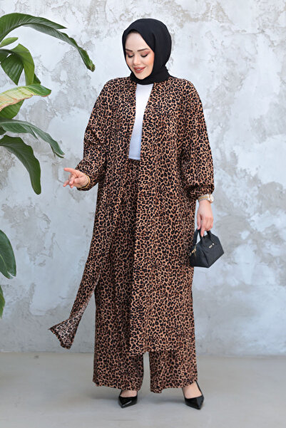 Neva Style Leopard Patterned Hijab Double Kimono Set 12882Lp