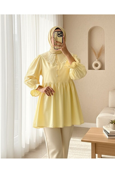 Modamorfo Organza Baby Collar Half Button Tunic with Elastic Sleeves - Yellow