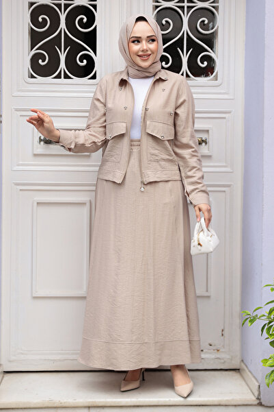 N.S NEVA STYLE Dark Beige Hijab Skirt Double Suit with Jacket 44723Kbej