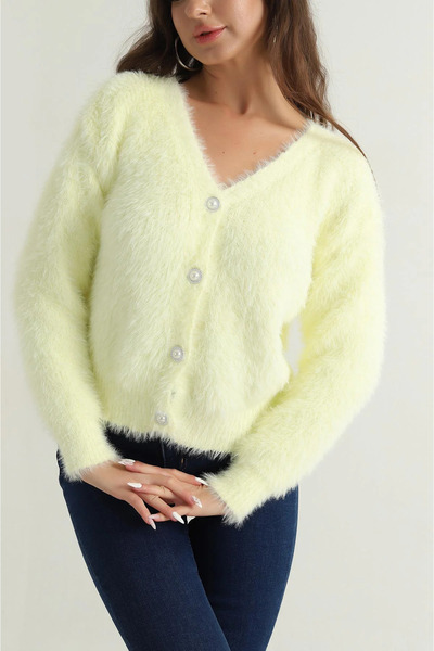 mahira collection Yellow Buttoned Short Angora Soft V-Neck Women's Knitwear C...