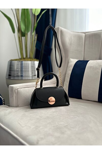 mossi Black Single Handle Mini Shoulder Bag with Gold Accessory and Chain Detail
