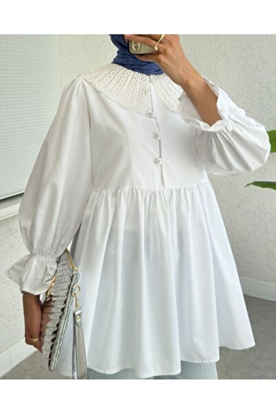 Modamorfo Organza Baby Collar Half Button Tunic with Elastic Sleeves - White