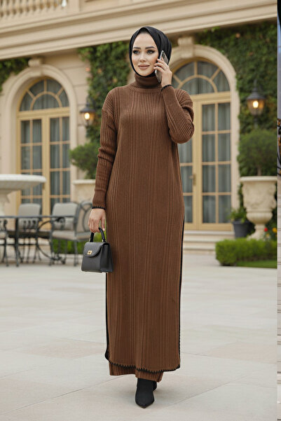 Neva Style Ribbed Brown Knitwear Hijab Set - 35971Kh