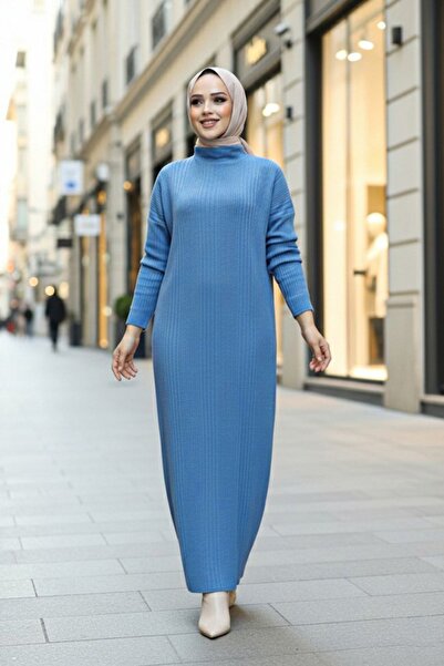 Neva Style High Neck Indigo Blue Hijab Knitwear Dress 34150Im