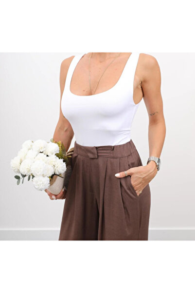 Maldia Shop Women's Elastic Waist Pleated Detail Brown Linen Palazzo Trousers