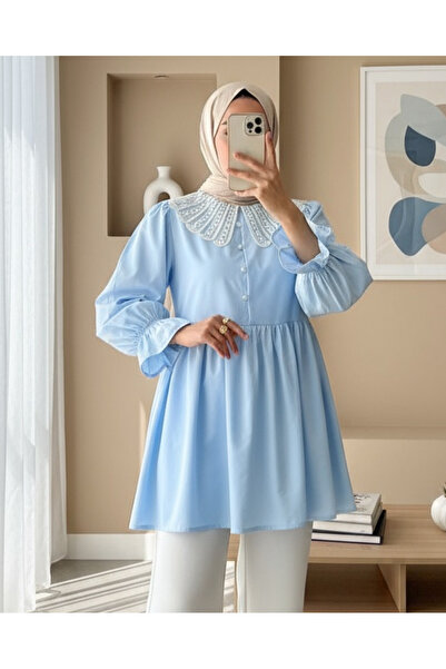 Modamorfo Organza Baby Collar Half Button Tunic with Elastic Sleeves - Baby Blue