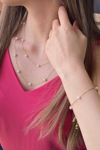 Birinci1926 925 Ayar Gümüş Kadın Doğal Inci Kolye Bileklik Ikili Set