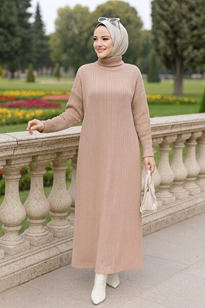 Neva Style Turtleneck Biscuit Hijab Knitwear Dress 34150BS