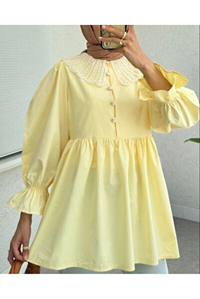 Modamorfo Organza Baby Collar Half Button Tunic with Elastic Sleeves - Yellow