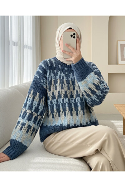 Modamorfo Mixed Pattern Round Neck Knitted Sweater -Indigo