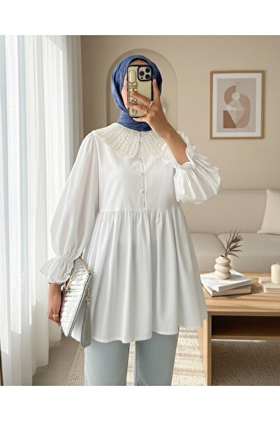 Modamorfo Organza Baby Collar Half Button Tunic with Elastic Sleeves - White