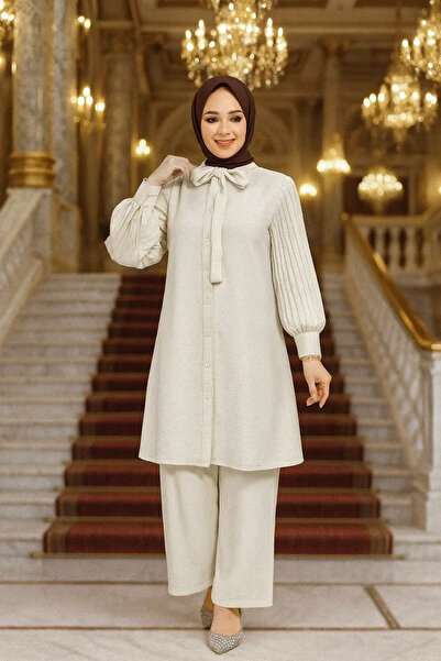 Neva Style Sleeves Pleated Cream Hijab Double Suit 51991Kr