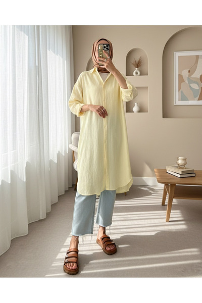 Modamorfo Oval Cut Karash Long Casual Tunic - Light Yellow