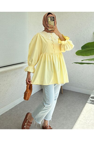 Modamorfo Organza Baby Collar Half Button Tunic with Elastic Sleeves - Yellow