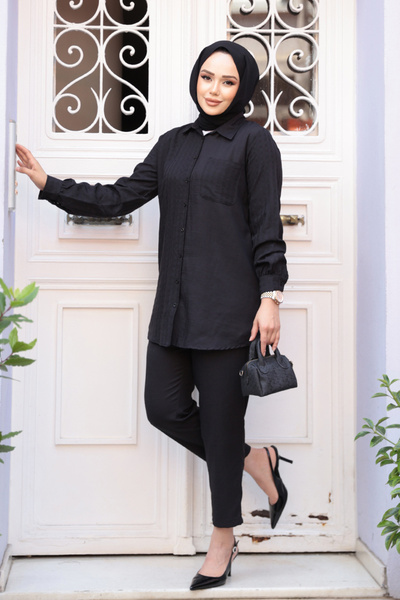 Neva Style Gingham Detailed Black Hijab Double Suit 12191S