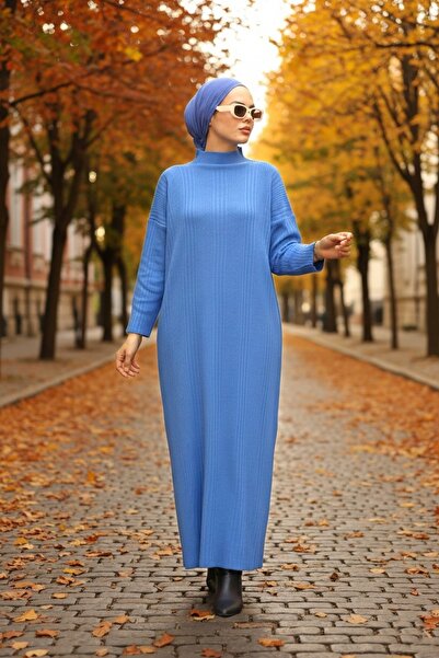 Neva Style Φόρεμα με ψηλό λαιμό μπλε μαντίλι πλεκτό 34150M