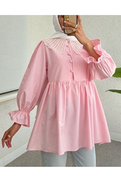 Modamorfo Organza Baby Collar Half Button Tunic with Elastic Sleeves - Pink