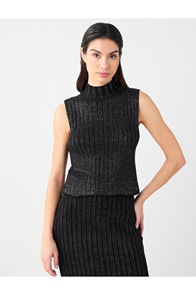 Jimmy Key Bluză neagră guler ridicat din bumbac fără mâneci din material subțire tricotaje